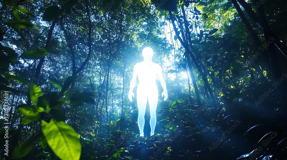 Translucent ghostly figure illuminated by natural moonlight in a dense forest