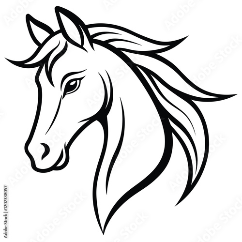 A majestic and graceful horse head in minimalist line art, featuring flowing curves and sharp details to represent strength and freedom.