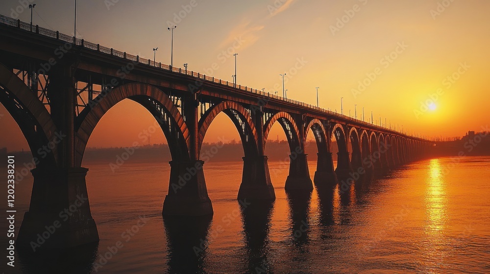 Long bridge with arches over water reflecting a vibrant orange sunset with clear skies Long bridge with arches over water reflecting a vibrant orange sunset with clear skies