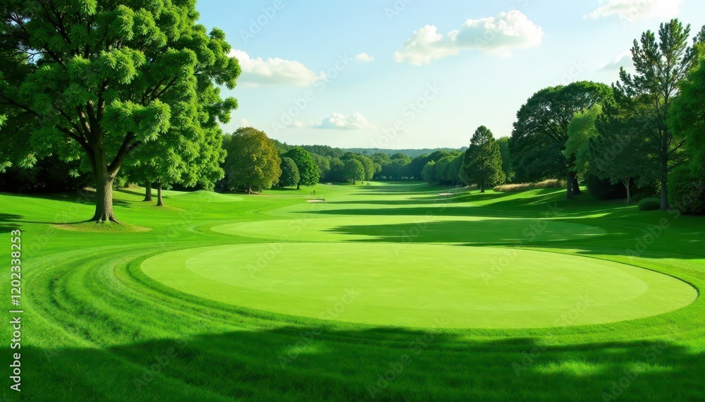 Fototapeta premium Perfectly manicured golf course putting green, rich emerald hue, nature, tranquil
