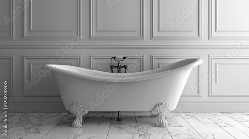 Elegant freestanding bathtub in a classic white bathroom with marble floor and paneled walls.