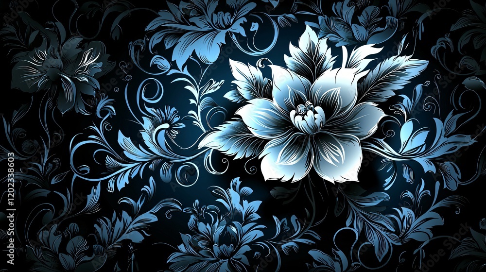 Elegant Blue Floral Design Dark Background Intricate Pattern Stylish Artwork Elegant Blue Floral Design Dark Background Intricate Pattern Stylish Artwork