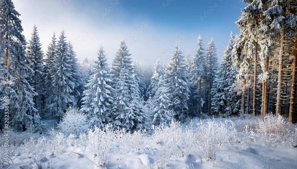 coniferous forest covered with hoarfrost background iciness landscape snow bushes coniferous forest covered with hoarfrost background iciness landscape snow bushes