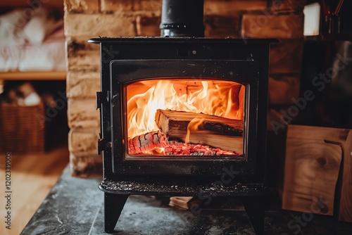 Contemporary wood burner in a home setting, showcasing sustainable heating