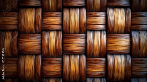 Detailed close-up of interwoven brown and light brown wood, creating a textured basketweave pattern. photo