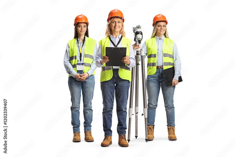 Group of female engineers with a surveying instrument Group of female engineers with a surveying instrument