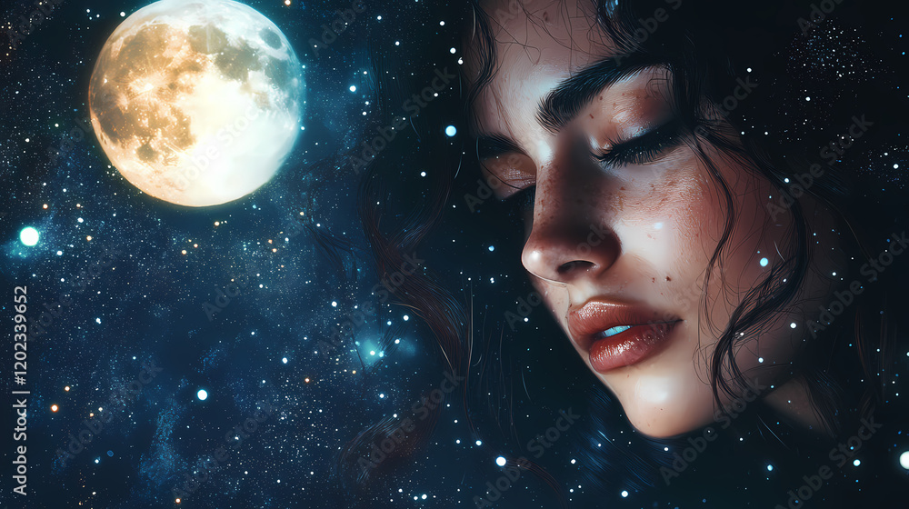 Serene night ocean, full moon, starry sky. Celestial Starry Night. Illustration Serene night ocean, full moon, starry sky. Celestial Starry Night. Illustration