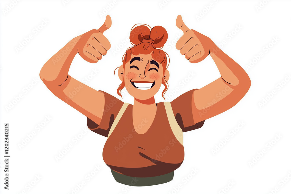 Naklejka premium Like sign, joy, approval, happiness concept. Young happy smiling woman or girl teenager cartoon character showing thumbs up. Success and goal achievement facial expression flat vector illustration.