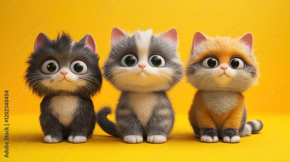 Three adorable cartoon kittens sitting together on a yellow background. Three adorable cartoon kittens sitting together on a yellow background.
