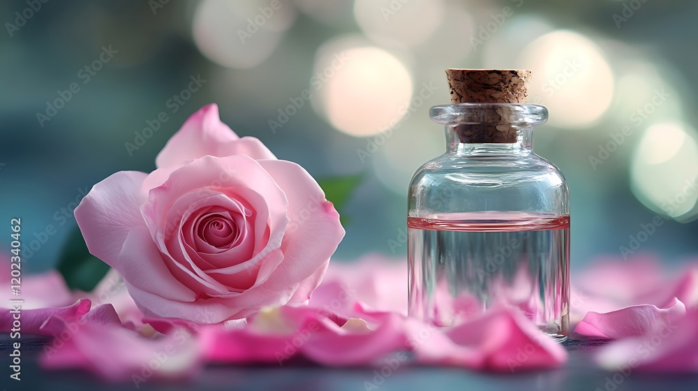 Rose essential oil in a small glass bottle and rose petals on table Rose essential oil in a small glass bottle and rose petals on table