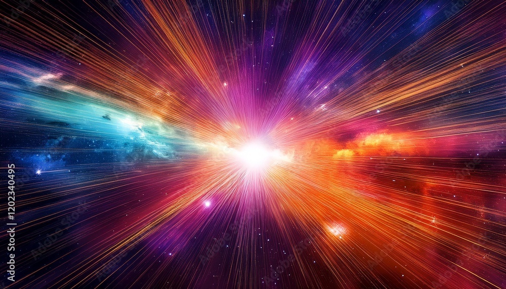 Obraz premium a vibrant explosion of coloration radiating outward with dynamic starbursts and cosmic factors in a fantastical night sky