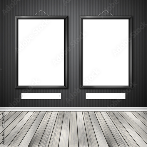 Gallery interior with two empty frames on wall