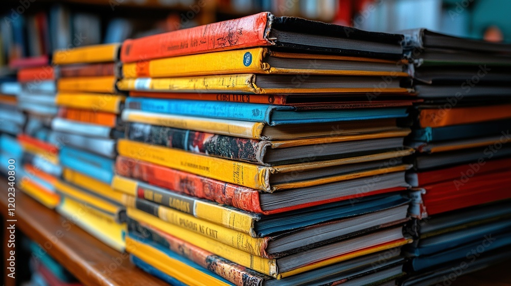 Obraz premium Colorful used books stacked on library table, bookshelf backdrop