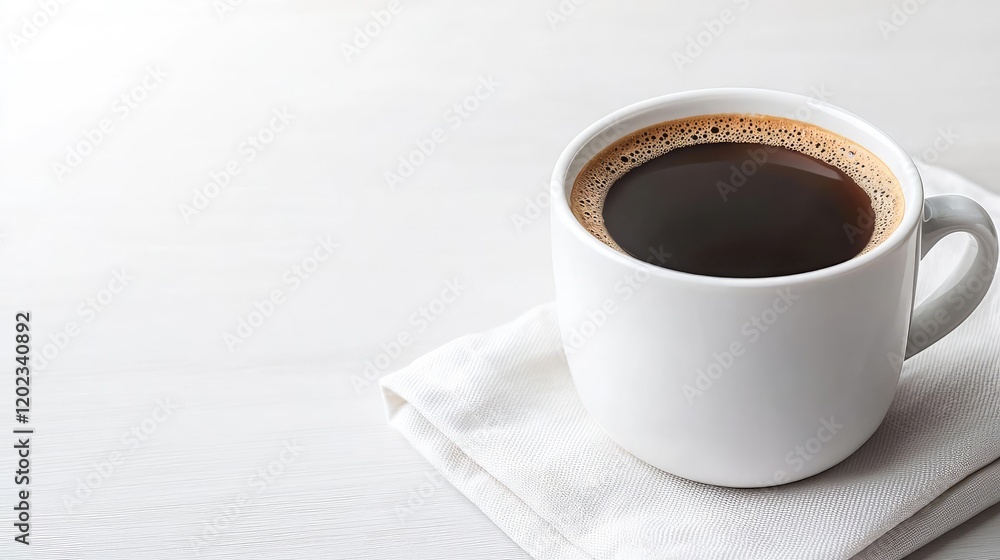 Black coffee mug on napkin, bright background. Perfect for cafe menus Black coffee mug on napkin, bright background. Perfect for cafe menus