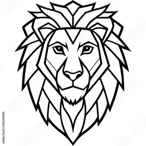 A sleek and majestic lion head drawn in modern line art style, featuring sharp geometric lines and intricate detailing to convey strength and nobility.