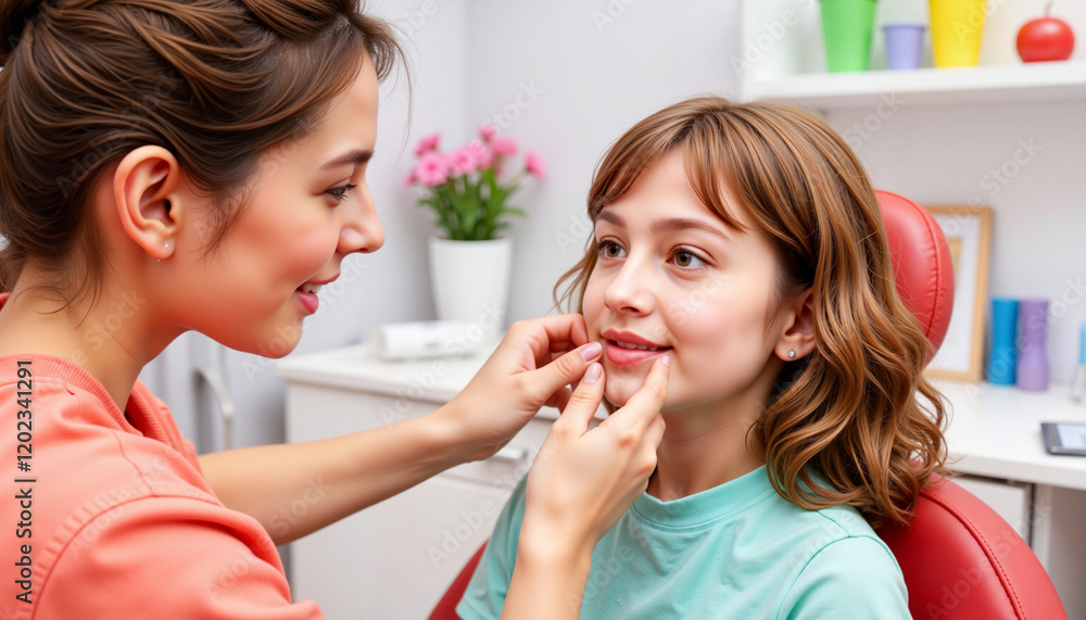 Dentist gently examining child’s teeth in colorful clinic, International Dentist’s Day Dentist gently examining child’s teeth in colorful clinic, International Dentist’s Day