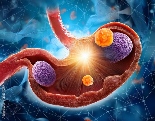 Illustration of Stomach Cancer Cells Attacking Healthy Tissue on a Bright Scientific Background photo