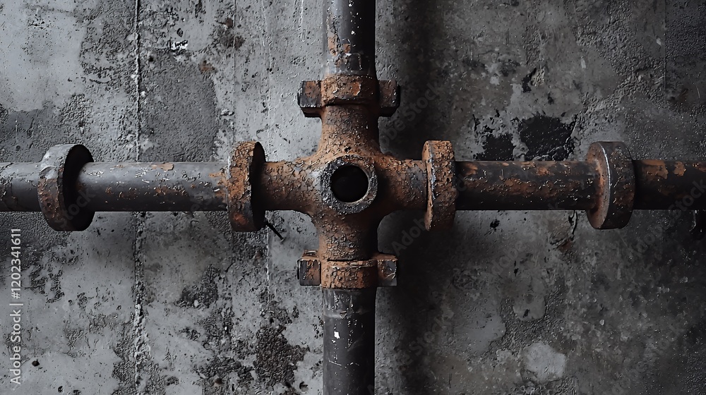 Rusty Pipes Against Weathered Concrete Wall: A Grungy Industrial Photography Rusty Pipes Against Weathered Concrete Wall: A Grungy Industrial Photography