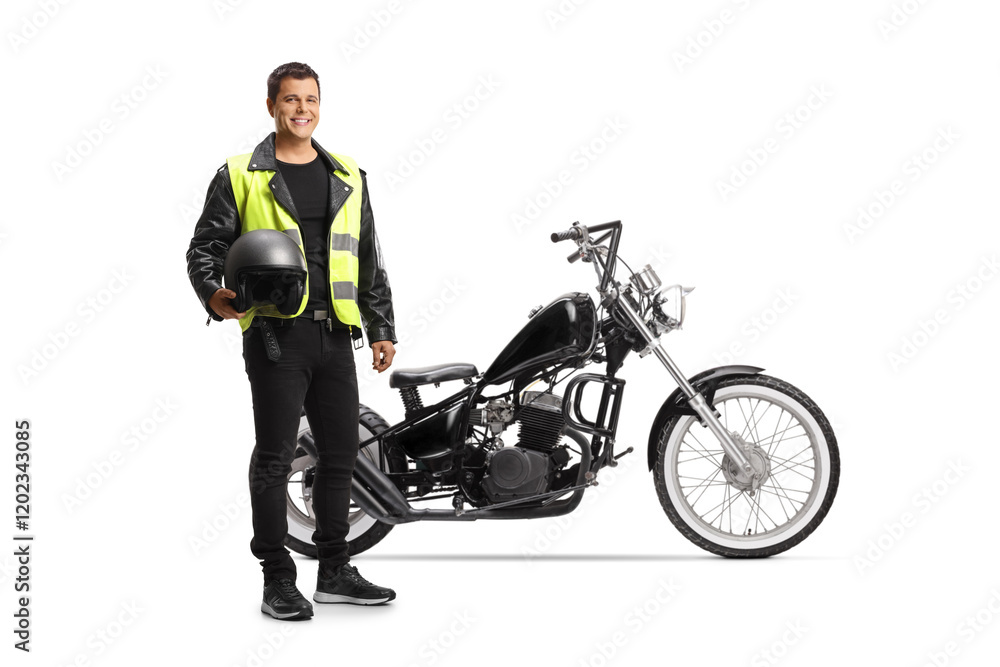 Biker holding a helmet and wearing a traffic safety vest Biker holding a helmet and wearing a traffic safety vest