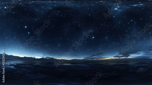 degree panoramic view of a starry night sky with equirectangular projection, hdri, background, space, stars, panorama. Celestial Starry Night. Illustration
