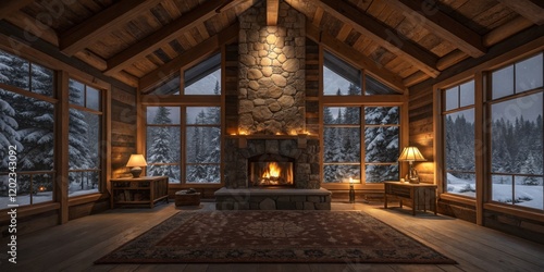 Cozy cabin interior with a stone fireplace and winter landscape seen through large windows at dusk