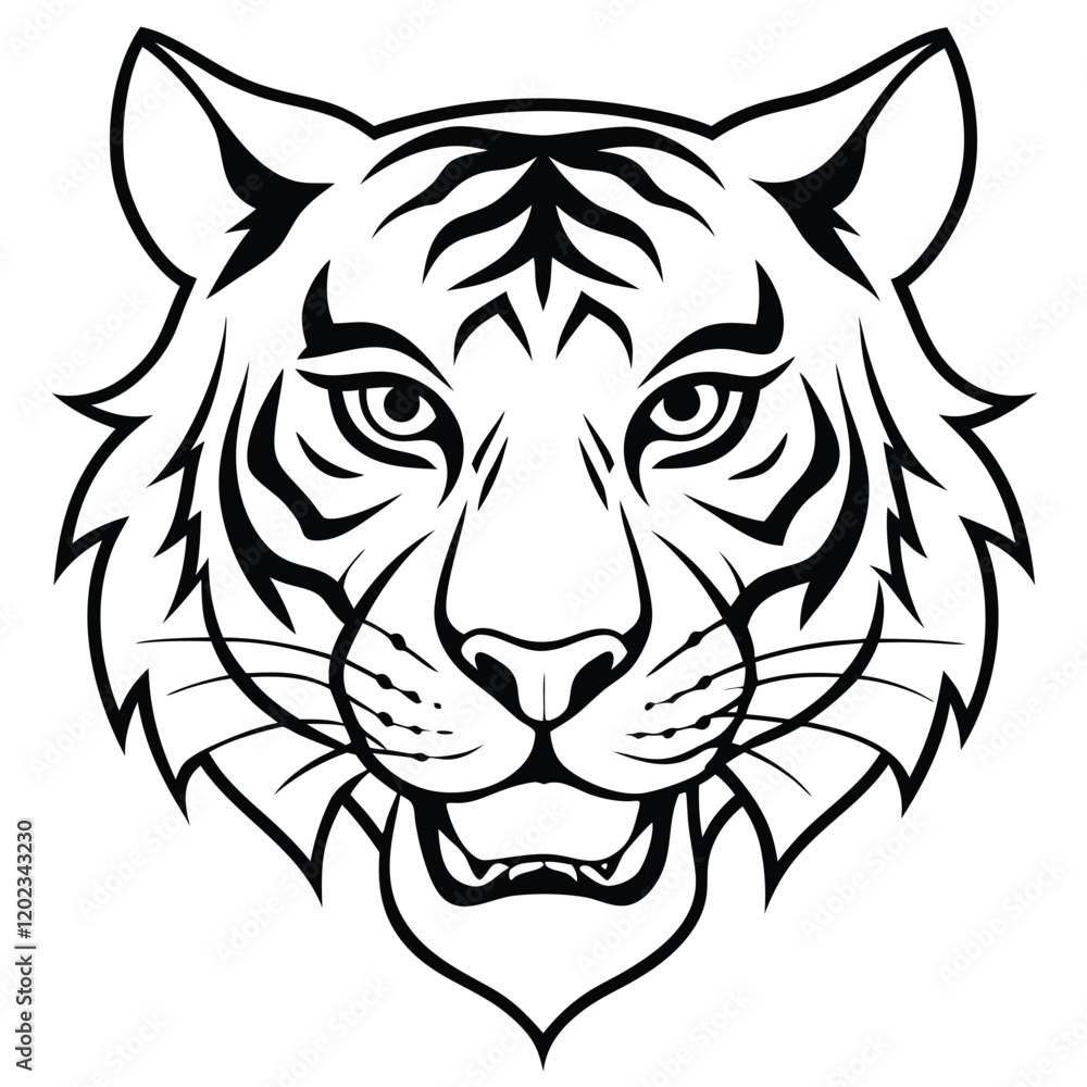 Fototapeta premium A fierce and majestic tiger head drawn in minimalist line art style, highlighting sharp angles and intense eyes to represent power and courage.