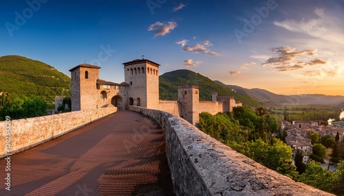 spoleto umbria la rocca albornoziana e il ponte delle torri al tramonto photo