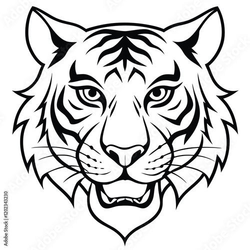 A fierce and majestic tiger head drawn in minimalist line art style, highlighting sharp angles and intense eyes to represent power and courage.