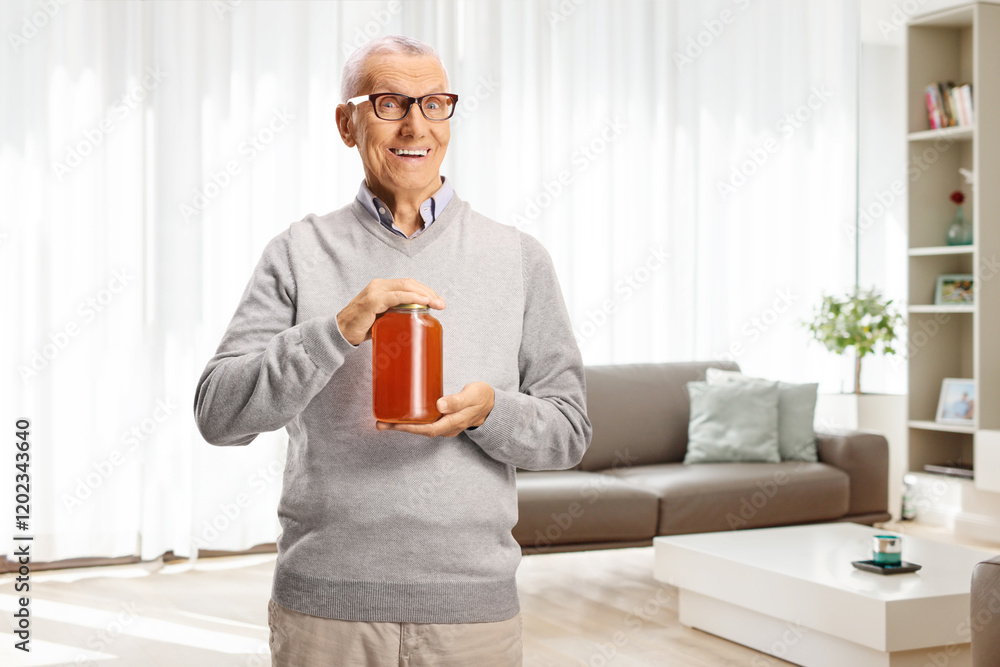 Senior man holding a jar of honey Senior man holding a jar of honey