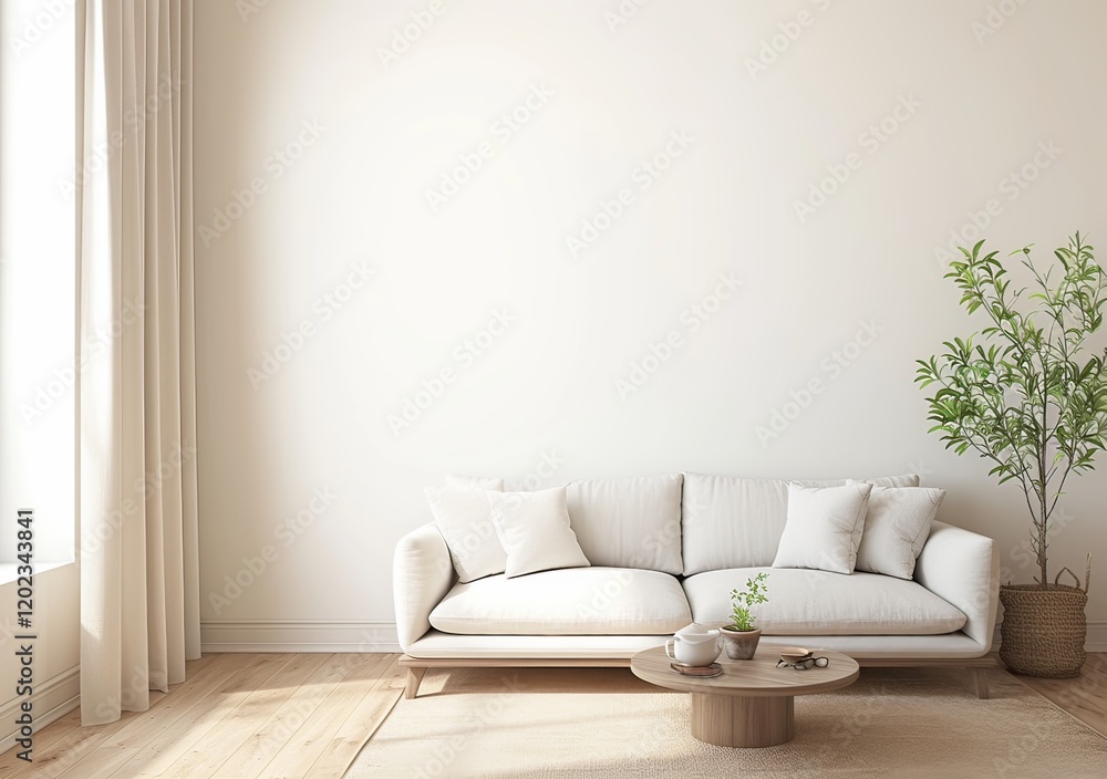 White Sofa in Front of Empty Wall Mockup, Natural Light Streaming from Two Windows, Wooden Coffee Table and Plant, Cozy and Modern Living Room Scene