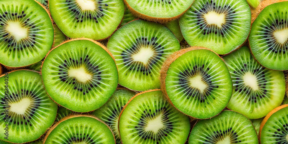 Bright green kiwi slices are neatly arranged, highlighting their striking color and intricate pattern. The contrast of seeds against the pulp creates an appealing visual Bright green kiwi slices are neatly arranged, highlighting their striking color and intricate pattern. The contrast of seeds against the pulp creates an appealing visual