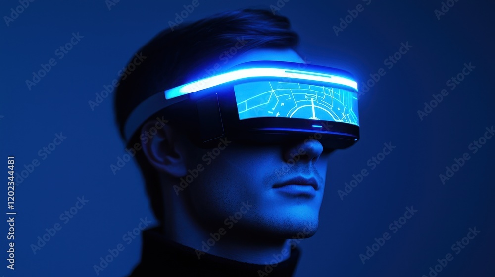 A person wearing futuristic VR goggles, illuminated with blue light, suggesting advanced technology and immersive experiences. A person wearing futuristic VR goggles, illuminated with blue light, suggesting advanced technology and immersive experiences.
