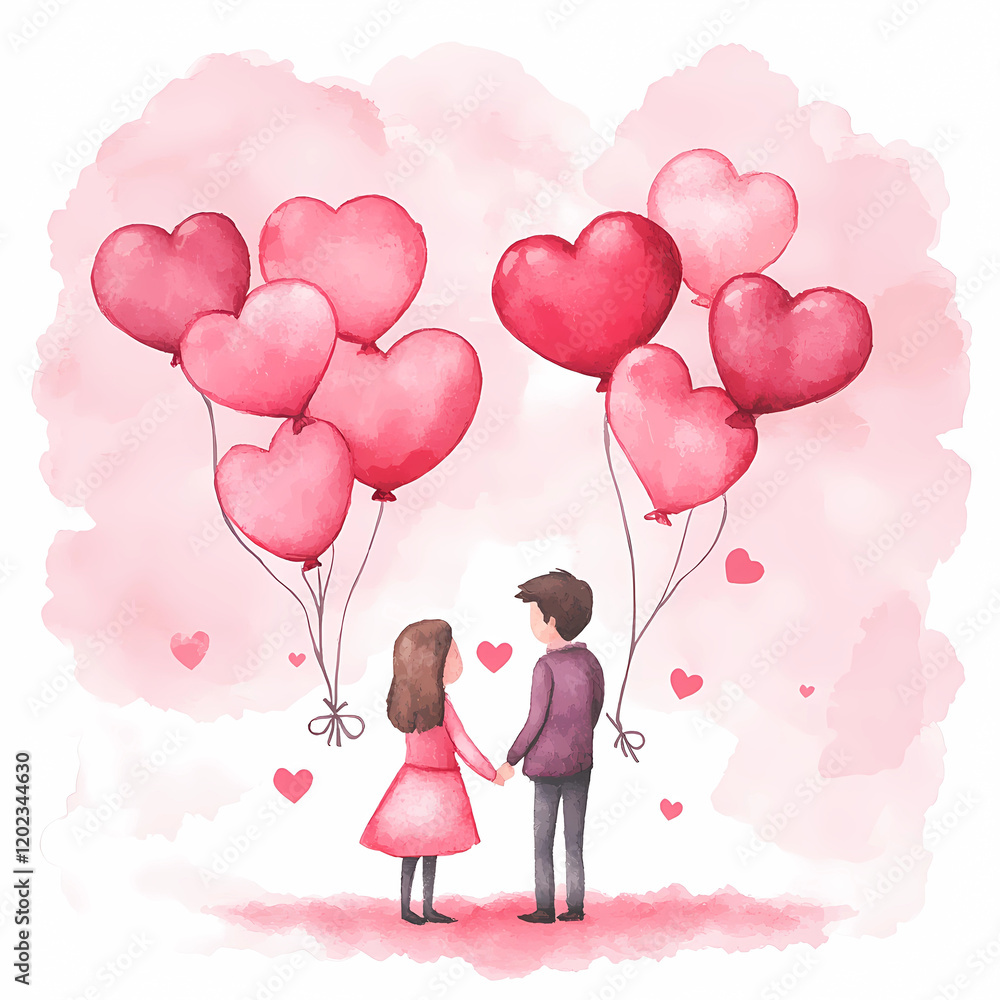 Cute pink watercolour illustration valentines day card. Couple holding hands with heart shaped balloons. Cute pink watercolour illustration valentines day card. Couple holding hands with heart shaped balloons.