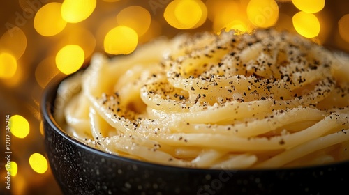 Creamy pasta, pepper, festive lights, bowl, food photography photo