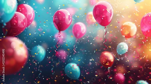 balloons and confetti are flying in the air with a bright background photo