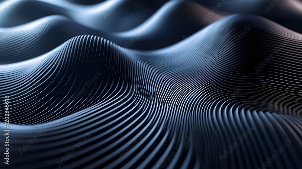 Abstract 3D rendering of flowing, metallic lines creating a wave-like pattern. Abstract 3D rendering of flowing, metallic lines creating a wave-like pattern.