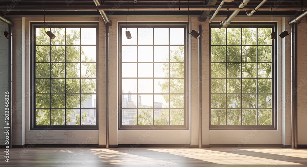 Fototapeta premium Scenic View of an Empty Room with Large Windows, Industrial-Style Interior Design and White Brick Wall, Commercial Use