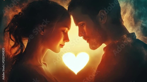 Young caucasian couple man and woman in profile tenderly touching foreheads with glowing heart symbol behind, warm energy aura surrounds loving pair in romantic moment. True love, connection, soulmate