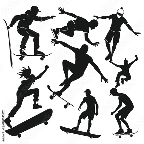 set of skater silhouettes. Collection of skate boarder on isolated white background.