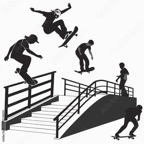 set of skater silhouettes. Collection of skate boarder on isolated white background.
