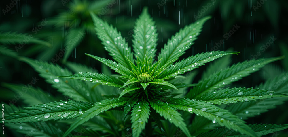 A cannabis plant displays its vibrant green leaves speckled with raindrops, thriving in a moist environment. Early morning light enhances the freshness and vitality of the foliage A cannabis plant displays its vibrant green leaves speckled with raindrops, thriving in a moist environment. Early morning light enhances the freshness and vitality of the foliage