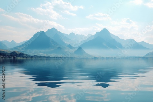 Majestic mountains reflect in tranquil lake under clear sky at sunrise