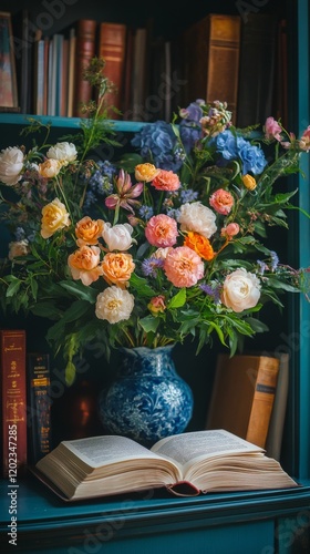 Colorful flower bouquet on a windowsill beside an open book in a cozy indoor ...