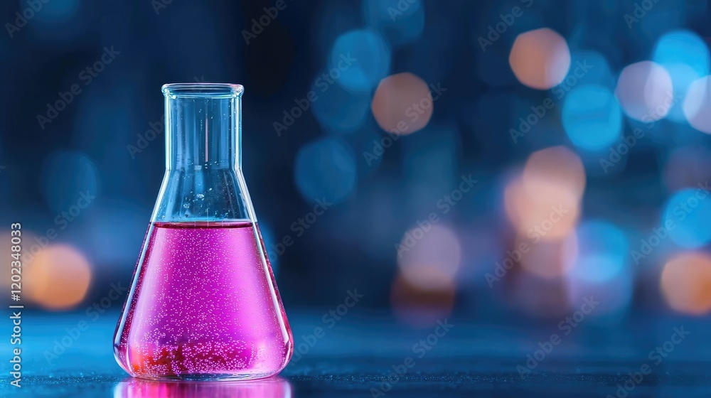Pink liquid in flask, lab, science research, bokeh background, medical Pink liquid in flask, lab, science research, bokeh background, medical