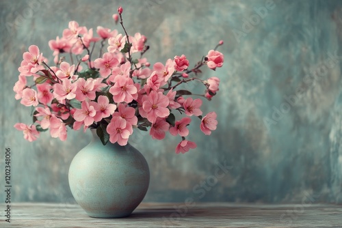 Beautiful pink flowers in a textured vase on a table against a soft, muted ba...