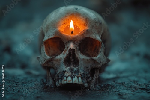 Candlelit skull creates a haunting atmosphere in dimly lit space for Halloween decor photo