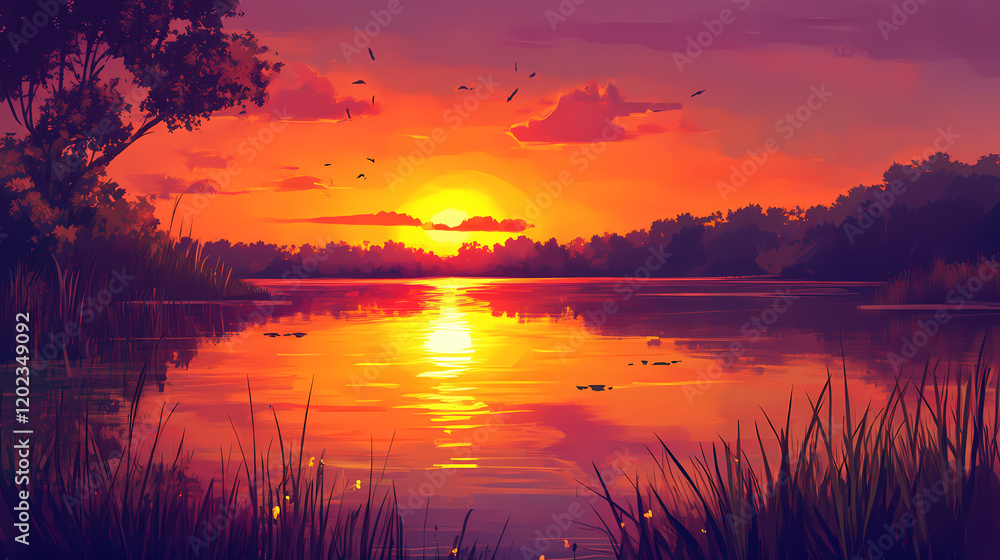 Naklejka premium Reflection of a vibrant sunset in a calm lake , water, nature, sunset, mirror, peaceful, serene, tranquil, beauty. Serene Sunset Reflection. Illustration