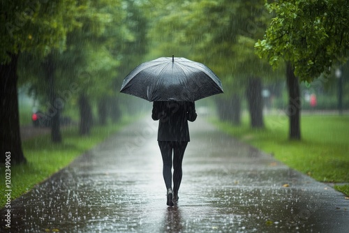 Person walking on a rainy pathway holding a black umbrella surrounded by lush...