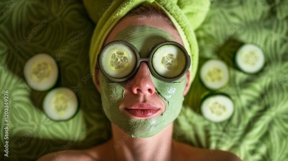 Man Relaxing with Cucumber Mask in a Green Environment Man Relaxing with Cucumber Mask in a Green Environment