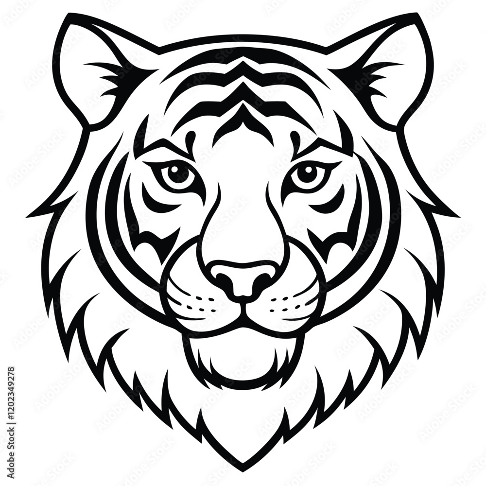 A fierce and majestic tiger head drawn in minimalist line art style, highlighting sharp angles and intense eyes to represent power and courage. A fierce and majestic tiger head drawn in minimalist line art style, highlighting sharp angles and intense eyes to represent power and courage.